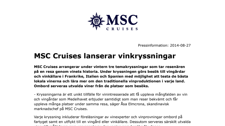 MSC Cruises lanserar vinkryssningar
