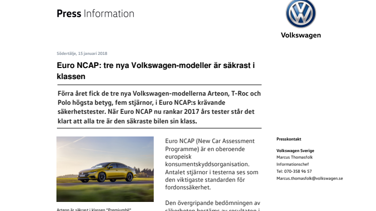 Euro NCAP: tre nya Volkswagen-modeller är säkrast i klassen