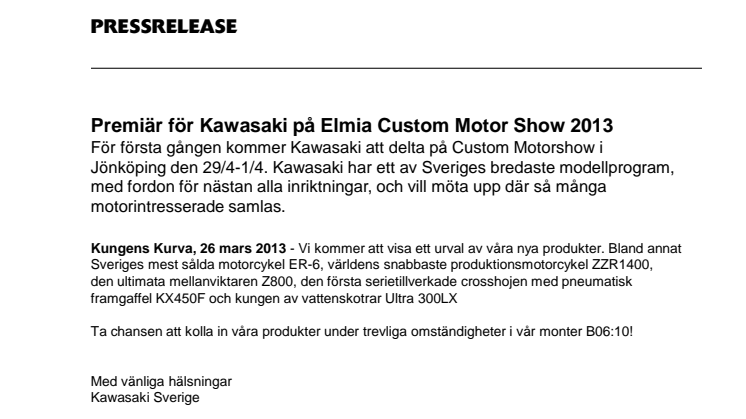 Premiär för Kawasaki på Elmia Custom Motor Show 2013