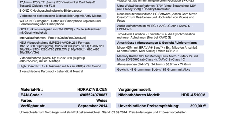 Datenblatt HDR-AZ1VB von Sony