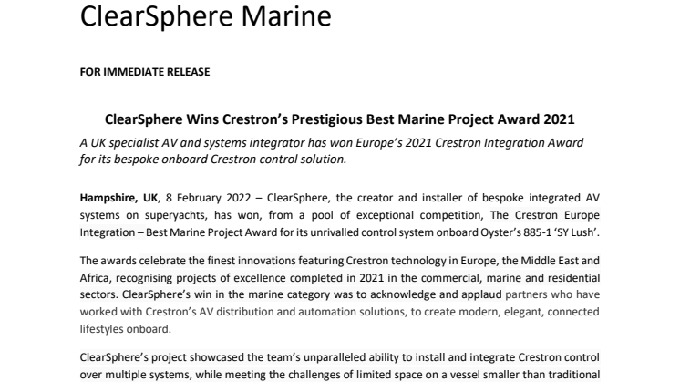 8 Feb 2022 - ClearSphere Wins Crestron’s Prestigious Best Marine Project Award 2021.pdf