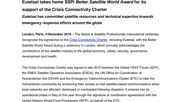 Eutelsat takes home SSPI Better Satellite World Award for its support of the Crisis Connectivity Charter
