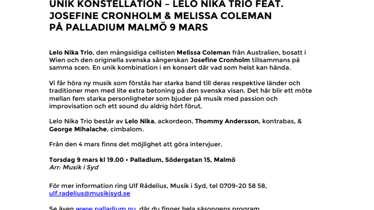 Unik konstellation där allt kan hända – Lelo Nika Trio feat. Josefine Cronholm & Melissa Coleman på Palladium Malmö 9 mars