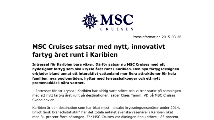 MSC Cruises satsar med nytt, innovativt fartyg året runt i Karibien