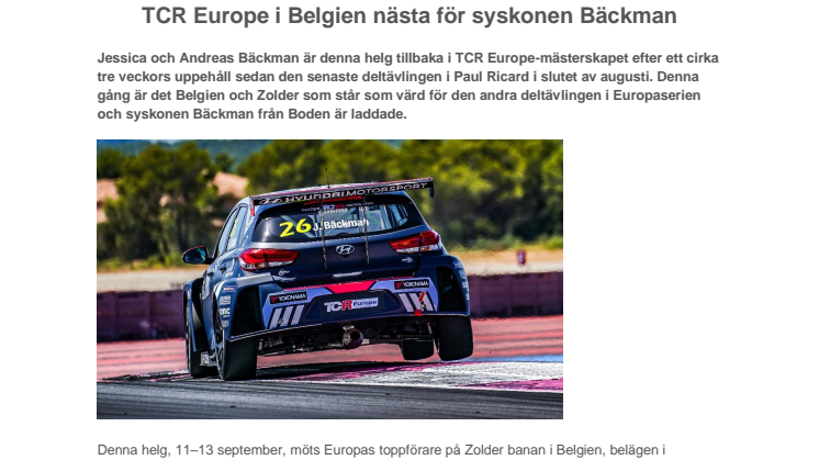 TCR Europe i Belgien nästa för syskonen Bäckman