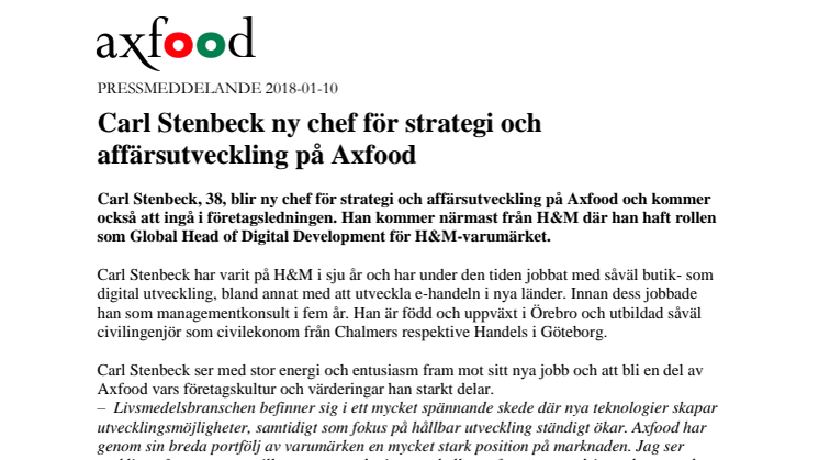 Carl Stenbeck ny chef för strategi och affärsutveckling på Axfood