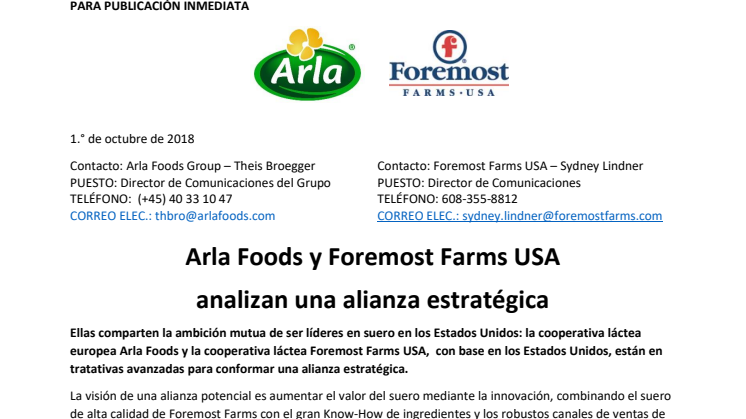 Arla Foods y Foremost Farms USA analizan una alianza estratégica