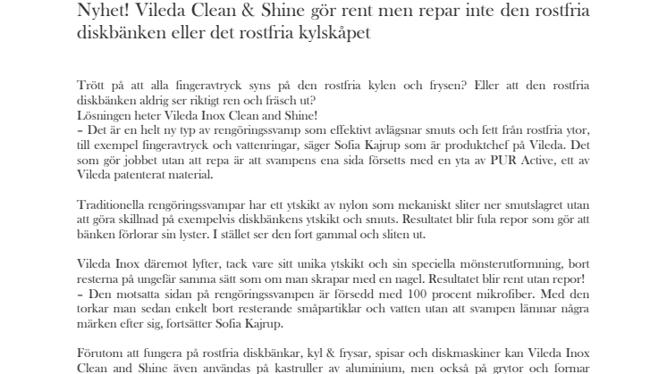 Nyhet! Vileda Clean & Shine gör rent men repar inte den rostfria diskbänken eller det rostfria kylskåpet