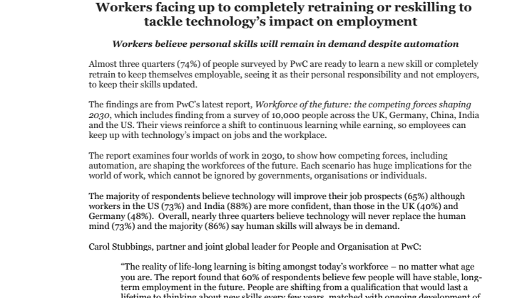 Workers facing up to completely retraining or reskilling to tackle technology’s impact on employment  