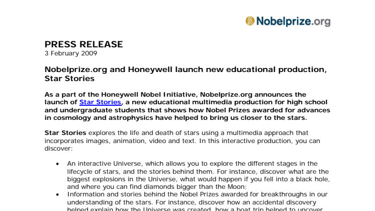 Nobelprize.org and Honeywell launch new educational production, Star Stories 
