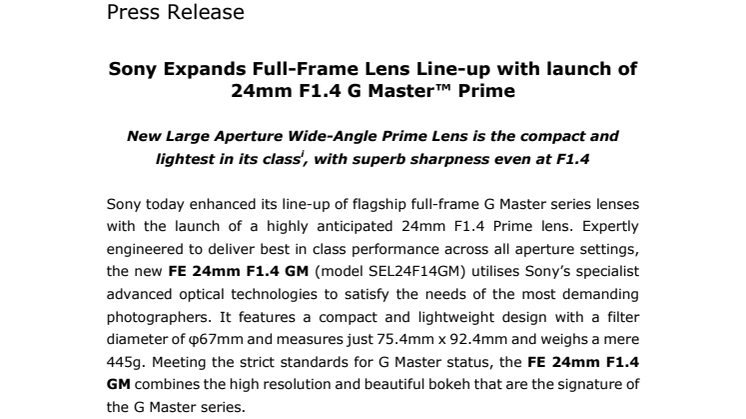 Sony utökar sin serie av fullformatsobjektiv och lanserar  24mm F1.4 G Master™ Prime