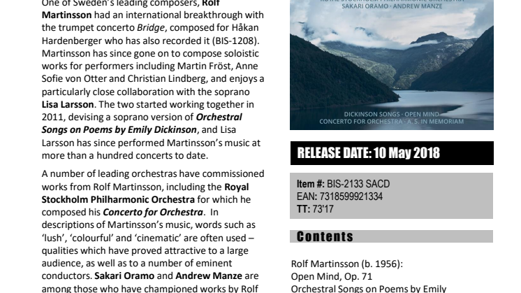 Rolf Martinsson CD - Presentiment - Press release
