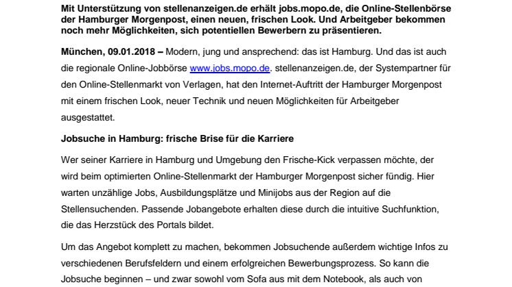 stellenanzeigen.de und Hamburger Morgenpost: frischer Wind für den regionalen Online-Stellenmarkt