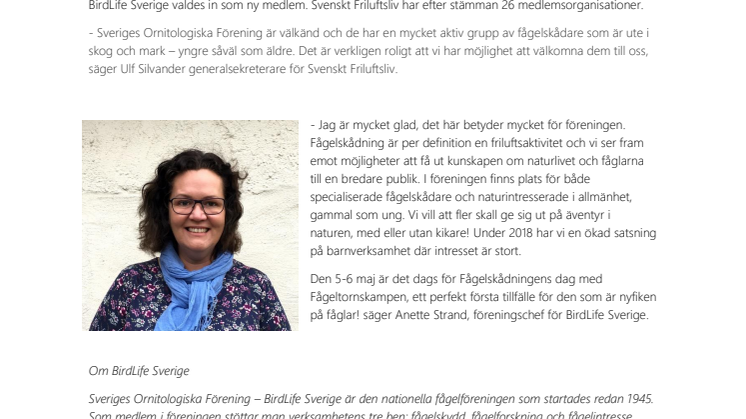 BirdLife Sverige blir ny medlem i Svenskt Friluftsliv