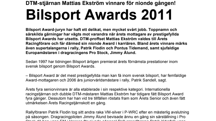 DTM-stjärnan Mattias Ekström vinnare för nionde gången! Bilsport Awards 2011