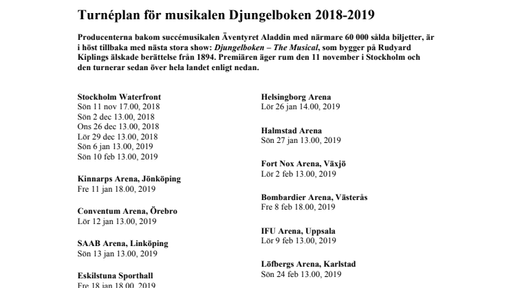 Turnéplan för musikalen Djungelboken 2018-2019