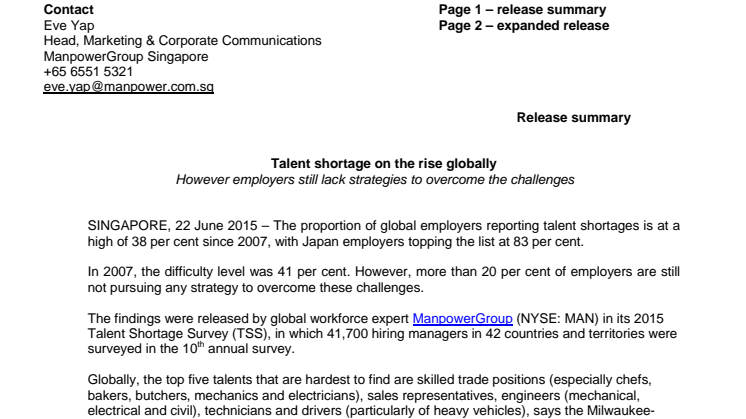 Talent shortage on the rise globally 