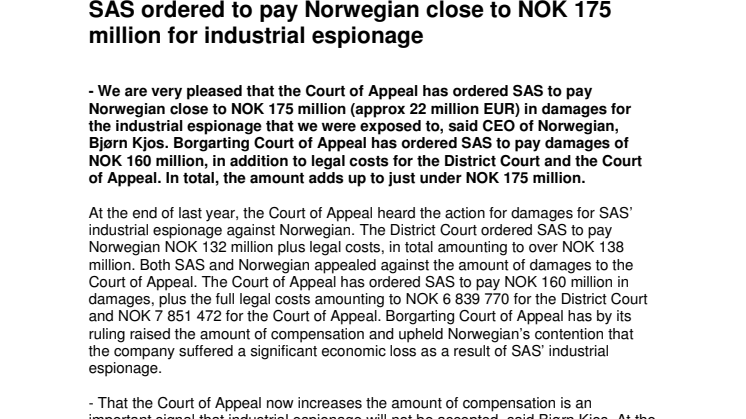 SAS ordered to pay Norwegian close to NOK 175 million for industrial espionage 