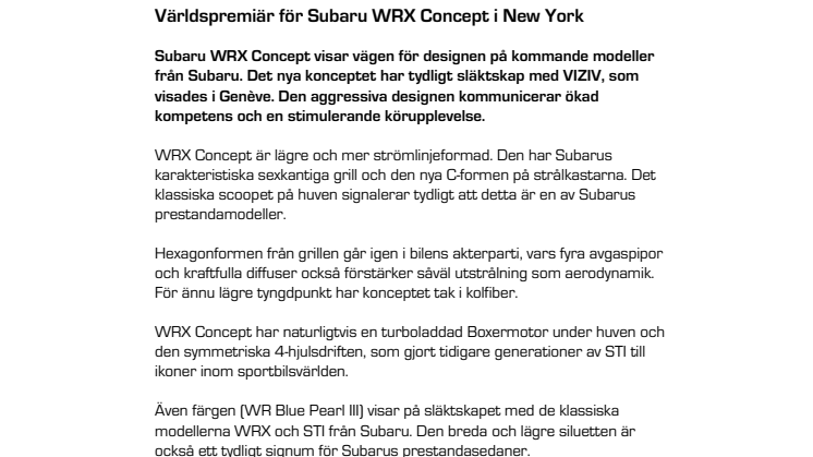 Världspremiär för Subaru WRX Concept i New York