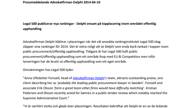 Legal 500 publicerar nya rankingar - Delphi ensam på topplacering inom området offentlig upphandling