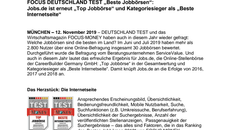 FOCUS DEUTSCHLAND TEST „Beste Jobbörsen“:  Jobs.de ist erneut „Top Jobbörse“ und Kategoriesieger als „Beste Internetseite“