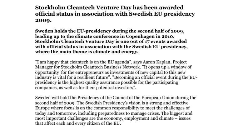 Official EU presidency event status for Stockholm Cleantech Venture Day 