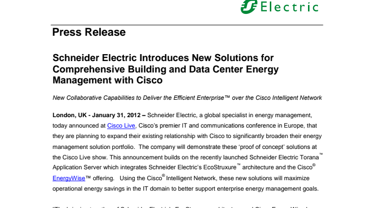 Schneider Electric lanserar tillsammans med Cisco nya lösningar för energihantering av byggnader och datacenter 