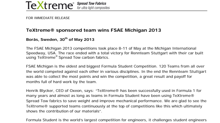 TeXtreme® sponsored team wins FSAE Michigan 2013