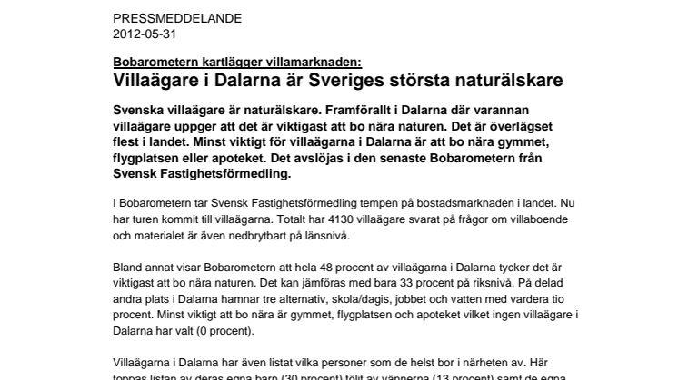 Bobarometern: Villaägare i Dalarna är Sveriges största naturälskare