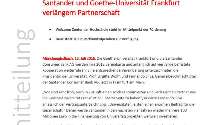 Santander und Goethe-Universität Frankfurt  verlängern Partnerschaft