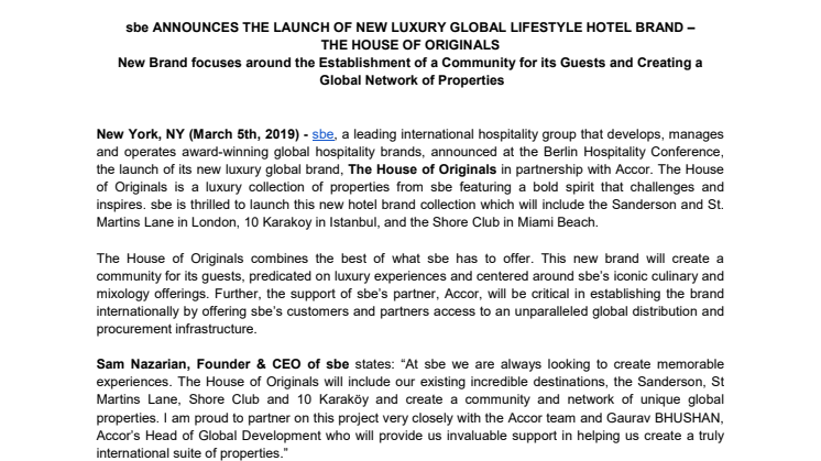 sbe ANNOUNCES THE LAUNCH OF NEW LUXURY GLOBAL LIFESTYLE HOTEL BRAND – THE HOUSE OF ORIGINALS