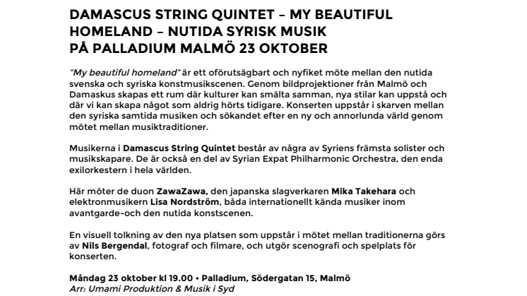 Damascus String Quintet – My Beautiful Homeland – nutida syrisk musik på Palladium Malmö 23 oktober