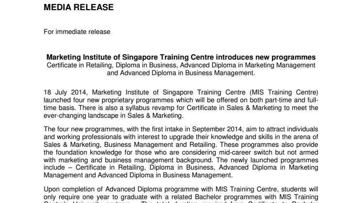 Marketing Institute of Singapore Training Centre introduces new programmes