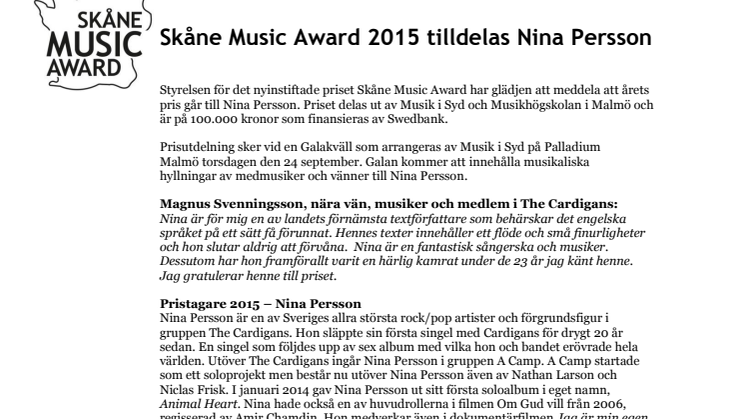 Skåne Music Award 2015 tilldelas Nina Persson