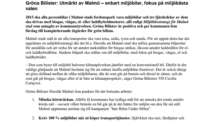 Gröna Bilister: Utmärkt av Malmö – enbart miljöbilar, fokus på miljöbästa valen 