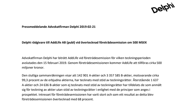 Delphi rådgivare till AddLife AB (publ) vid övertecknad företrädesemission om 500 MSEK