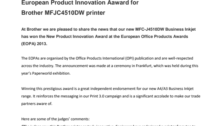 European Product Innovation Award for Brother MFJC4510DW printer