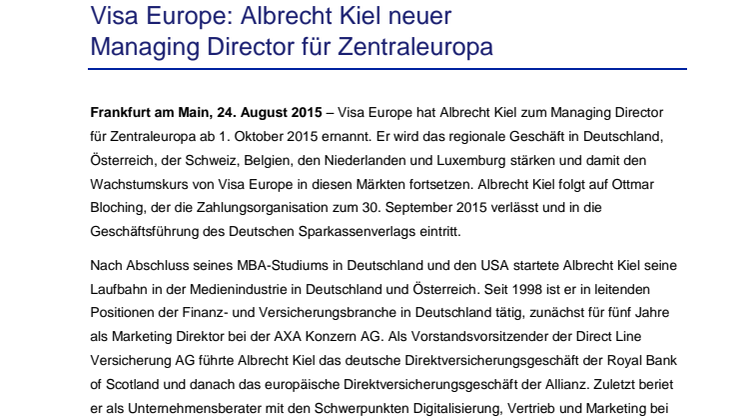 Visa Europe: Albrecht Kiel neuer Managing Director für Zentraleuropa