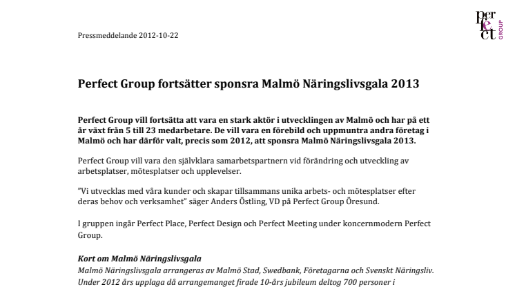 Perfect Group fortsätter sponsra Malmö Näringslivsgala 2013