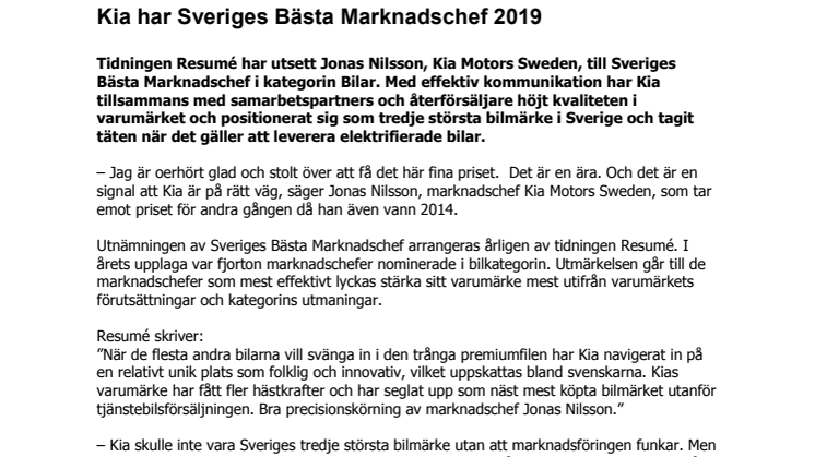 Kia har Sveriges Bästa Marknadschef 2019