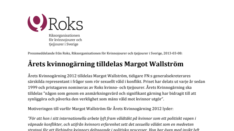 Årets kvinnogärning tilldelas Margot Wallström