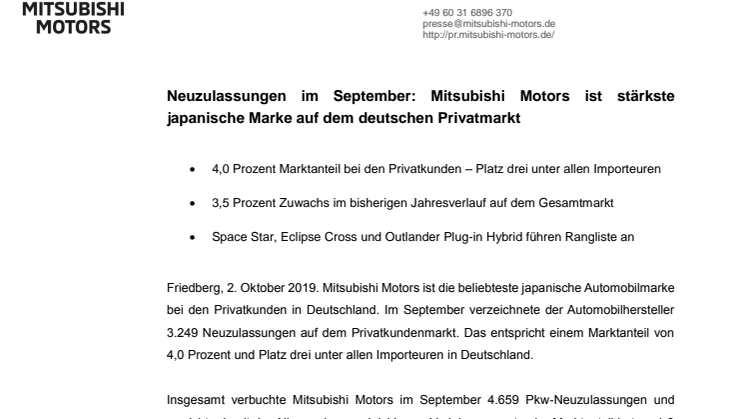 Neuzulassungen im September: Mitsubishi Motors ist stärkste japanische Marke auf dem deutschen Privatmarkt