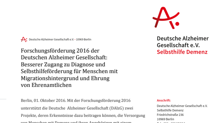 Forschungsförderung 2016 der Deutschen Alzheimer Gesellschaft:  Besserer Zugang zu Diagnose und Selbsthilfeförderung für Menschen mit Migrationshintergrund und Ehrung von Ehrenamtlichen