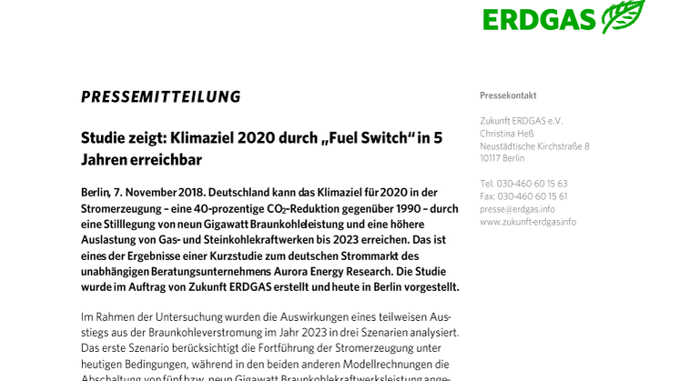 Studie zeigt: Klimaziel 2020 durch "Fuel Switch" in 5 Jahren erreichbar