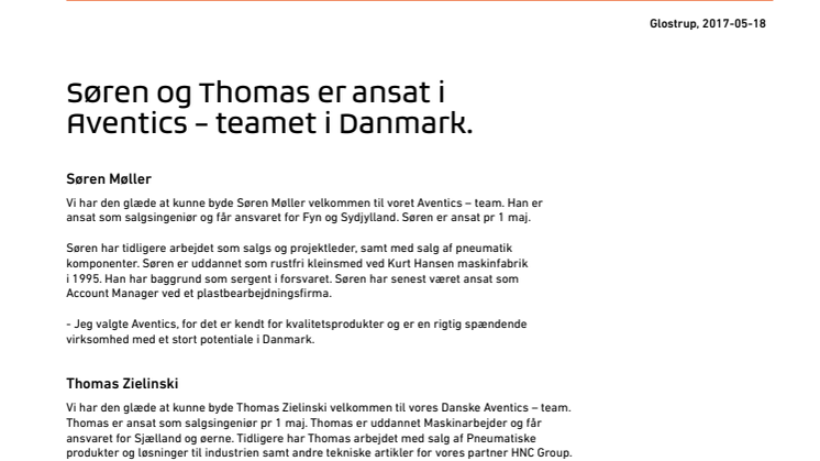 Søren og Thomas er ansat i Aventics – teamet i Danmark. 