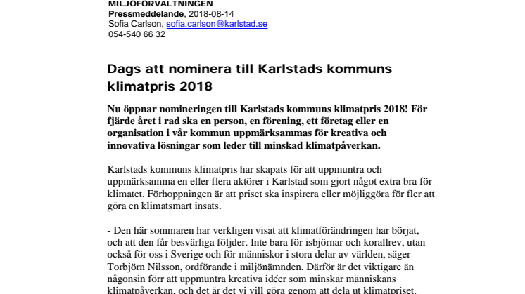 Dags att nominera till Karlstads kommuns klimatpris 2018