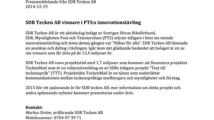 SDR Tecken AB vinnare i PTS:s innovationstävling