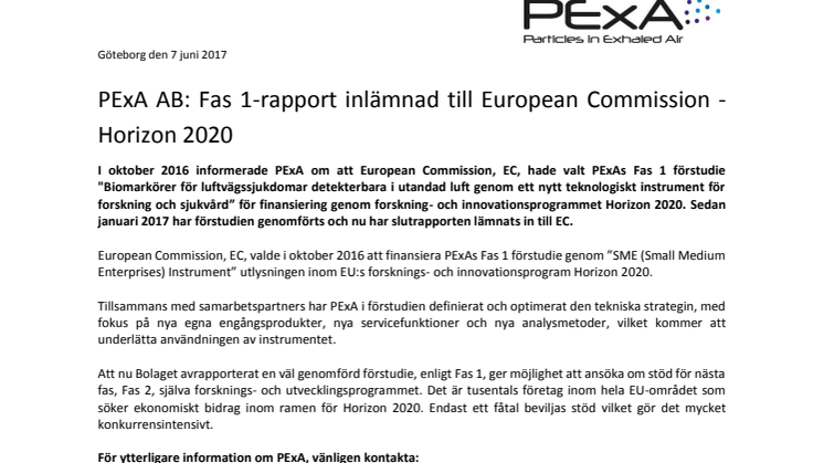 PExA har rapporterat Fas 1 till European Commission inom Horizon 2020