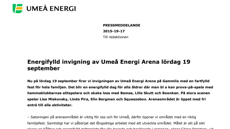Energifylld invigning av Umeå Energi Arena lördag 19 september