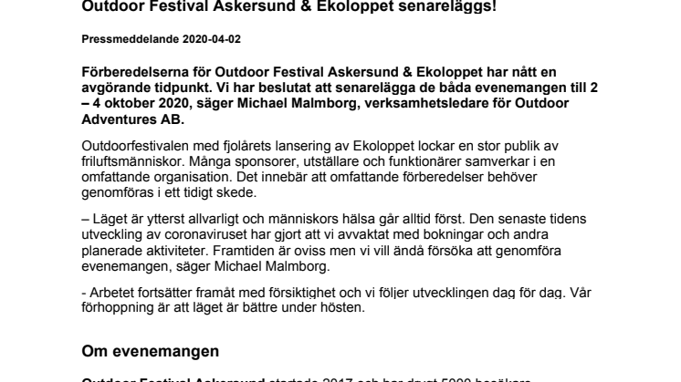 Outdoor Festival Askersund & Ekoloppet senareläggs! 